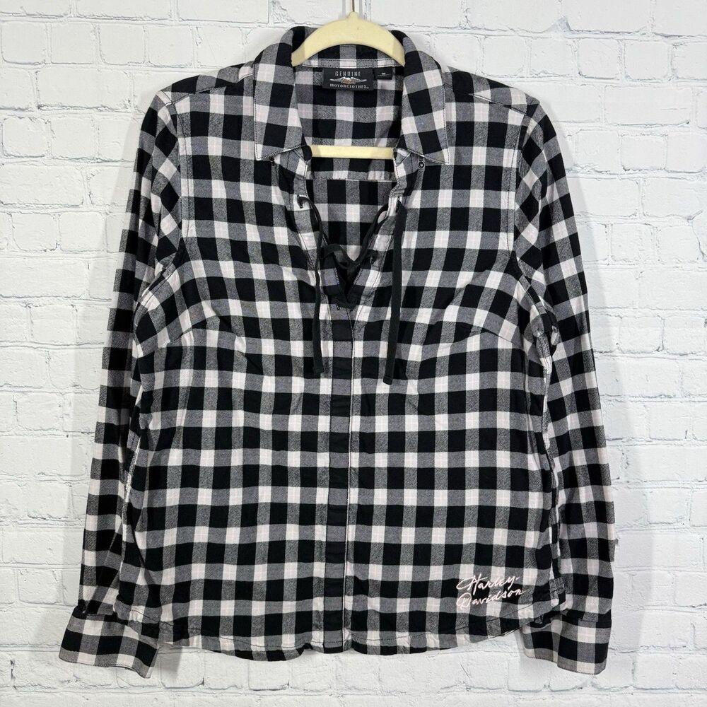 Harley Davison Blouse Women Plus 1X Black Pink Plaid Check Motorcycle Punk Top